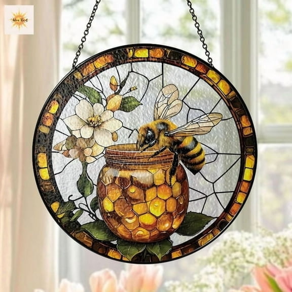 Honey Bee Faux Stained Glass Suncatcher | Bee Window Hanging | Honey Jar Glass Art | Nature Decor | Window Decoration | Gift for Bee Lovers