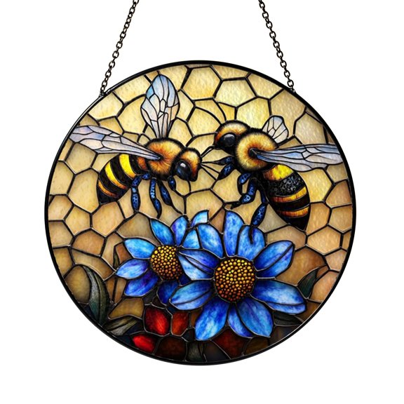 Honey Bee Faux Stained Glass Window Art – Decorative Hanging