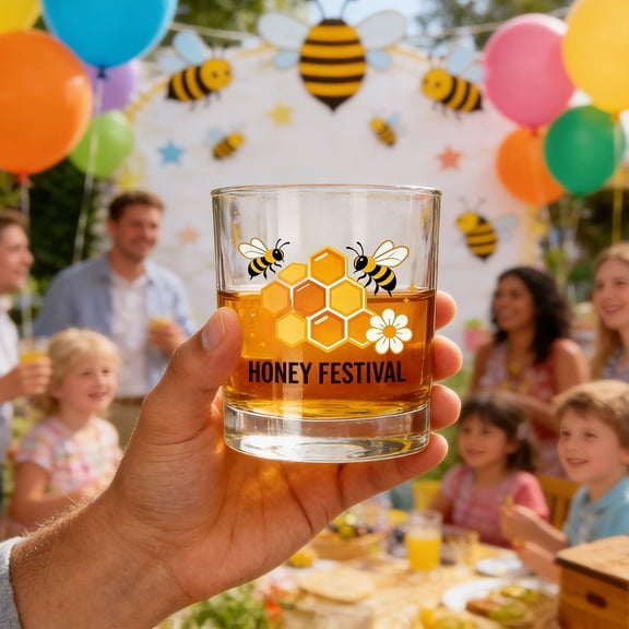 Honey Bee Festival Clear Glass Tumbler, 11oz Glass with Honeycomb & Beehive Patterns, Keepsake Gift for Family, Friends and Bee Enthusiasts