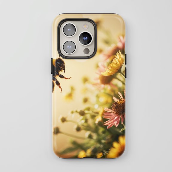 Honey Bee Floral For All iPhone Series Protective Phone Case Nature Photography Golden Yellow Pink