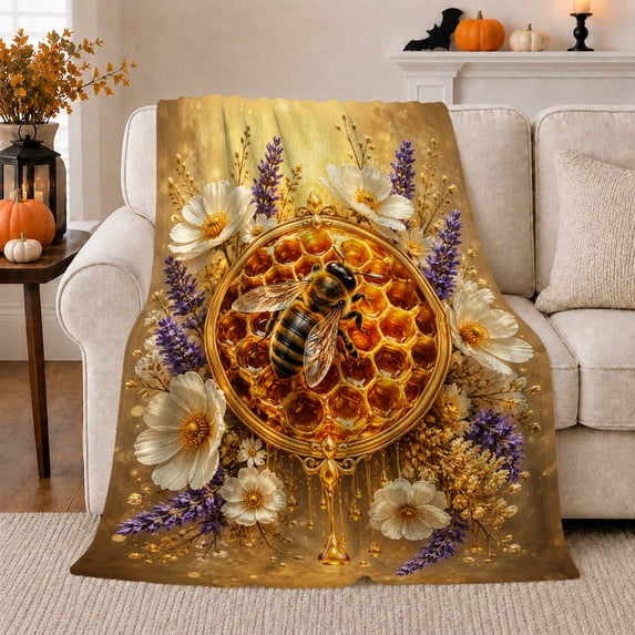 Honey Bee on Floral Honeycomb Medallion, Serene Botanical Art for Bee Lovers, Lavender Garden Motif and Mother's Day Gift, Soft Flannel Blanket for Sunroom and Reading Nook, Elegant Home Decor