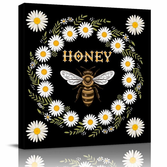 Honey Bee Framed Canvas Wall Art, Retro White Daisy Wreath Leaf Black Background Wall Art Painting for Living Room Bedroom Home Decor, 24”x24”, Office Artwork Print