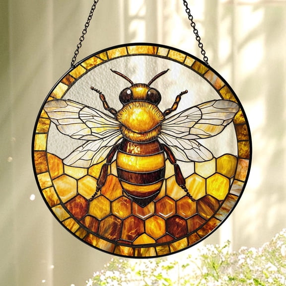 Honey Bee Glass Suncatcher, Honeycomb Window Hanging, 7.9 in