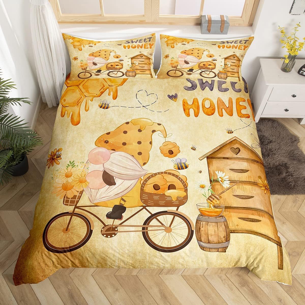 Honey Bee Gnome Bedding Set Queen,Retro Wooden House Duvet Cover For