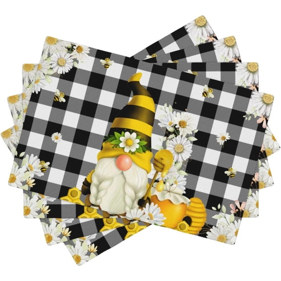 Honey Bee Gnome Placemats,Spring Summer Daisy Floral Linen Place Mats Set of 4,Black White Buffalo Plaid Dinner Mats for Family Dinner 12x18 Inch