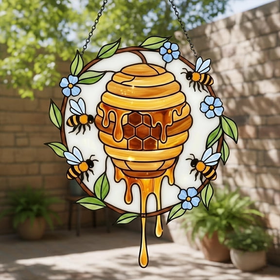 Honey Bee Hive 2D Flat Acrylic Suncatcher - Acrylic Window Hanging | Honeycomb Pattern | Unique Bee Decor | Bee Lover Gift | Farmhouse Spring Window Decor