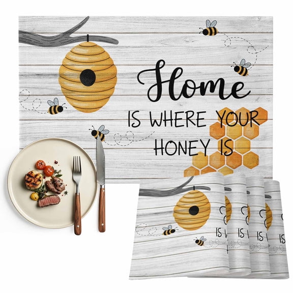 Honey Bee Home Quotes Placemats Set of 2, Country Rustic Wood Textured Table Mats Washable Heat-Insulation Non-Slip Place Mats for Kitchen Dinner Table Indoor Outdoor Decor,13x19 Inch
