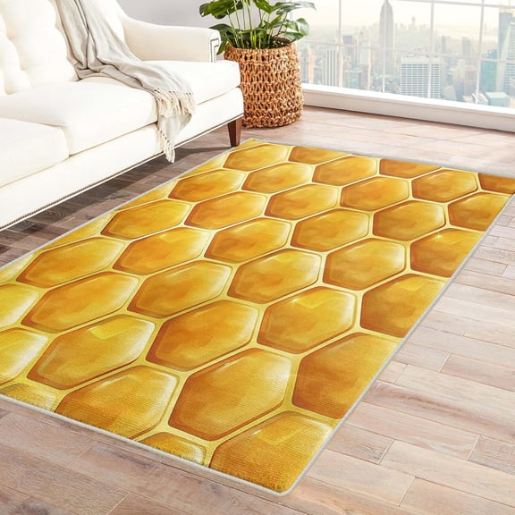 Honey Bee Honeycomb Area Rugs, Yellow Geometric Pattern Carpet, Washable Non Slip Low Pile Soft Rug for Living Room Bedroom Decor Mat 4x6ft