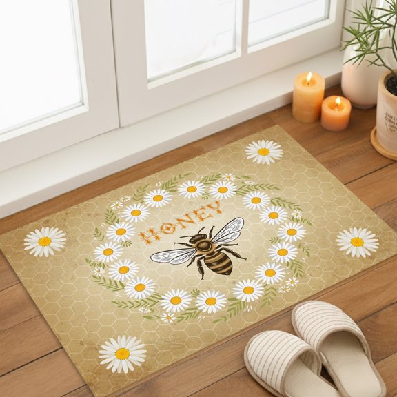 Honey Bee Indoor Door Mat 16x24 Inch Vintage White Daisy Wreath Leaf Honeycomb Texture Front Door Mat Non Slip Washable Entryway Rug Low Profile Dirt Trapper Doormat for Bathroom Kitchen Bedroom