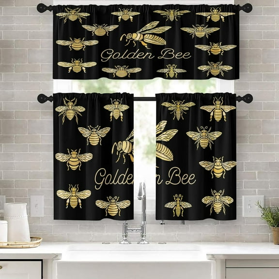 Honey Bee Kitchen Curtains Golden Black Window Curtains Valance and Tier Set 36 Inch, Summer Rod Pocket Short Tier Curtain for Bedroom Living Room, Modern Small Cafe Kitchen Decor