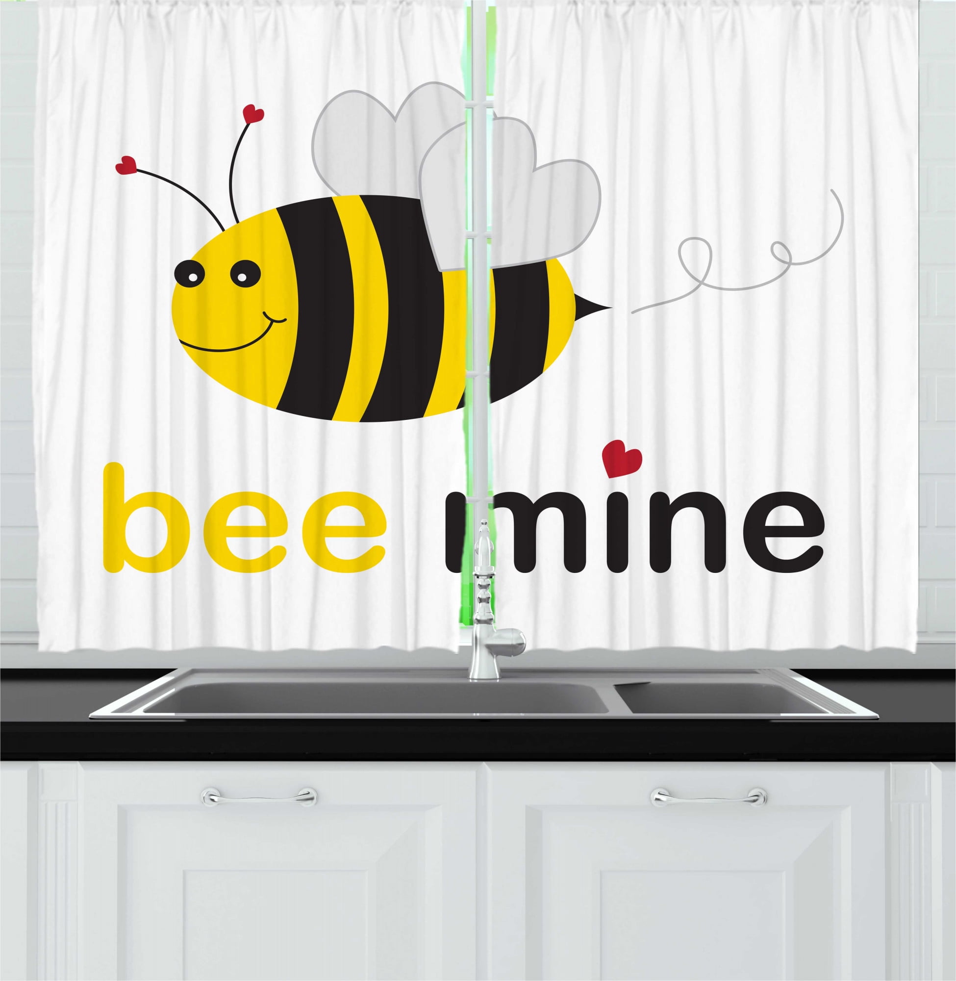 Honey Bee Kitchen Curtains, Bee Mine Romantic Cartoon Concept Heart