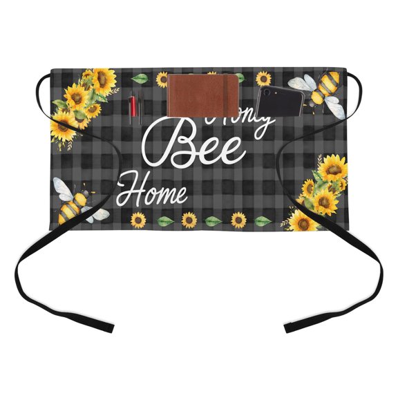 Honey Bee Kitchen Restaurant Half Waist Apron, Spring Florals Farm Plants Watercolor Bee Black Plaid Server Short Apron with 3 Pockets Waterproof Oil Waist Aprons for Women Waitress Waiter
