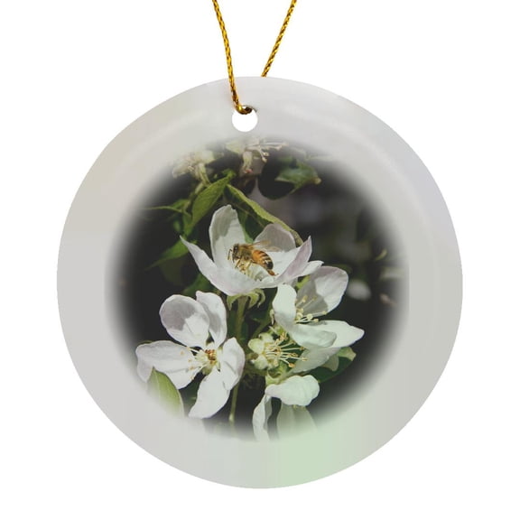 3drose, Honey Bee on Apple Blossoms in Idaho - Us13 Dfr0565 - David R. Frazier, Circle Porcelain Ornament