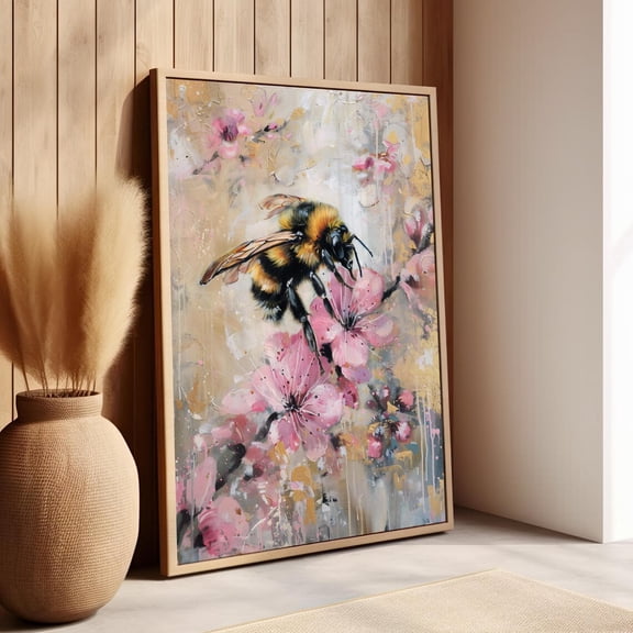 Honey Bee Pink Flowers Wall Art, Cottagecore Botanical Decor, Unframed Canvas Size 12x18
