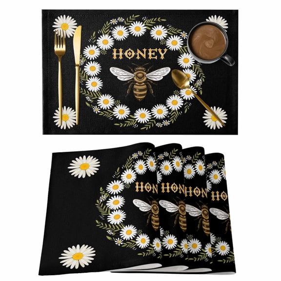 Honey Bee Placemats Set of 1, Retro White Daisy Wreath Leaf Black Background Non-Slip Place Mats Washable Table Mats for Kitchen Dining Table Decorations Indoor/Outdoor