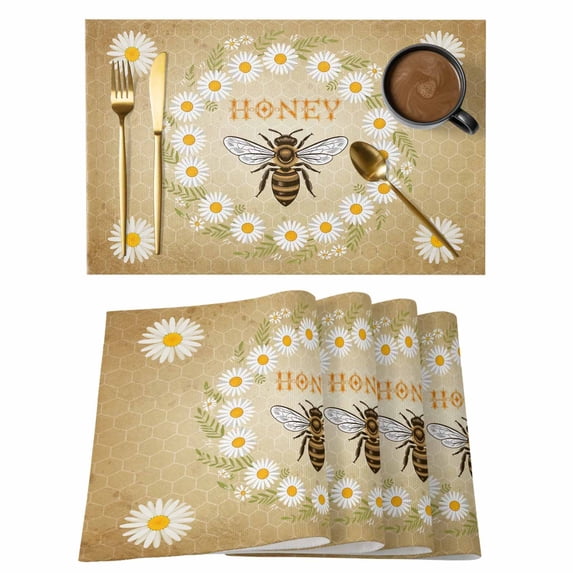 Honey Bee Placemats Set of 2, Vintage White Daisy Wreath Leaf Honeycomb Texture Non-Slip Place Mats Washable Table Mats for Kitchen Dining Table Decorations Indoor/Outdoor