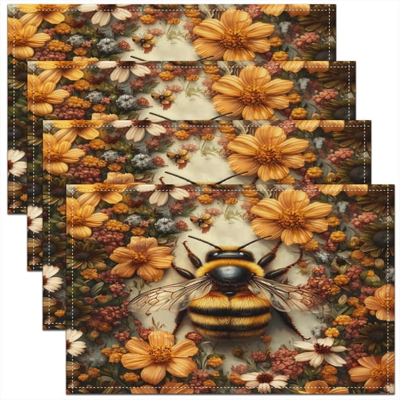 Honey Bee Placemats Set of 4 Yellow Bee Table Mats Floral Place Mat for Kitchen Dining Table Party Decor Indoor Outdoor 18"x12" Non-Slip Easy to Clean