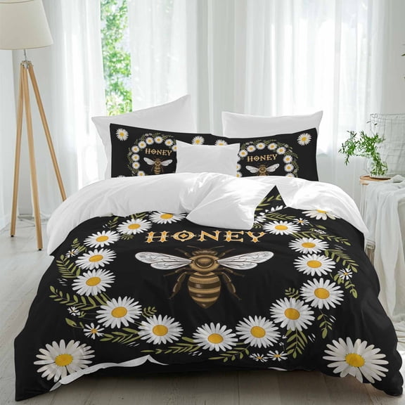 Honey Bee Queen Size Comforter Set, Retro White Daisy Wreath Leaf Black Background Bedding for All Seasons, 4 Pcs Bed Set, 1Quiltcover (90"x92") ,1Sheet(94"x116"), 2Pillowcases (30"x20")