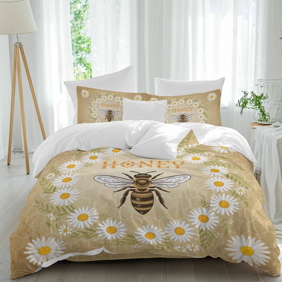 Honey Bee Queen Size Comforter Set, Vintage White Daisy Wreath Leaf Honeycomb Texture Bedding for All Seasons, 4 Pcs Bed Set, 1Quiltcover (90"x92") ,1Sheet(94"x116"), 2Pillowcases (30"x20")