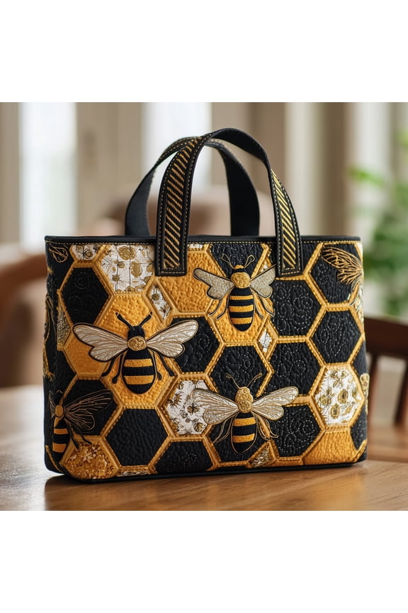 Honey Bee Quilted Tote Bag, Black Gold Honeycomb Pattern Shoulder Tote, Botanical Market Bag