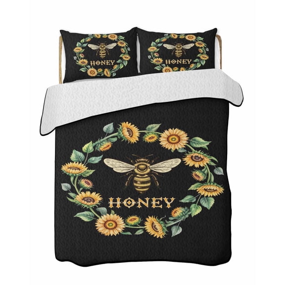 Honey Bee Quilts Bedding Set Queen Size Retro Sunflowers Wreath Green Leaf Black Background Lightweight Quilted Bedspread 3 Piece Bed Quilt with 2 Pillow Shams All Season for Bedroom 78" x 90"