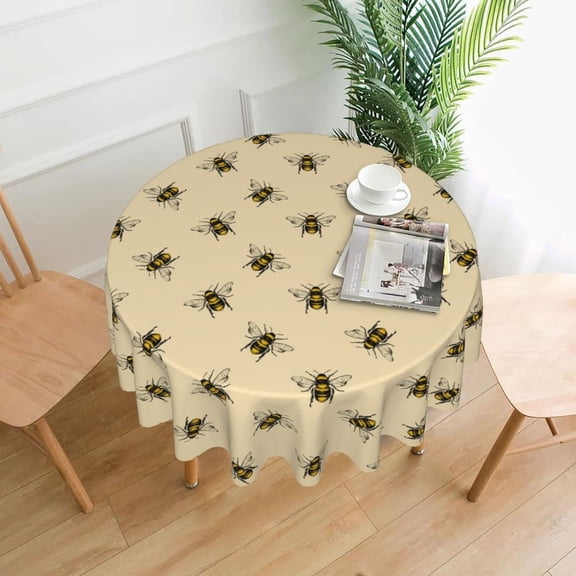 Honey Bee Round Tablecloth 60 Inch, Washable Polyester Table Cloth Cover, Water Resistant Spill Proof Table Cloth for Kitchen Holiday Dining Room Party Picnic Decor