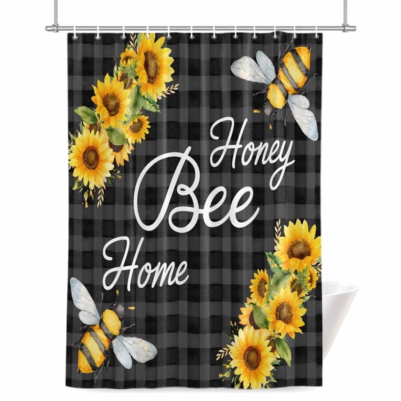 Honey Bee Shower Curtain, 72" x 72", Spring Flowers Farm Plants Watercolor Bee Black Plaid Waterproof Bathroom Curtain Washable Shower Curtain Set with 12 Hooks