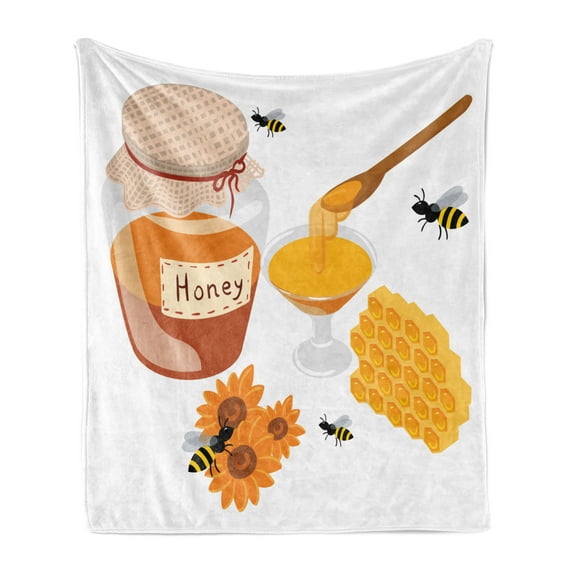 Honey Bee Soft Flannel Fleece Blanket, Apiary Collaboration Wooden Spoon Honeycomb Jar and Sunflowers Cartoon, Cozy Plush for Indoor and Outdoor Use, 60" x 80", Orange and Multicolor, by Ambesonne