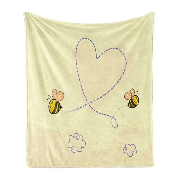 Honey Bee Soft Flannel Fleece Throw Blanket, Buzzing Flies Forming a Heart Drawn by Hand, Cozy Plush for Indoor and Outdoor Use, 60" x 80", Pale Yellow Champagne, by Ambesonne