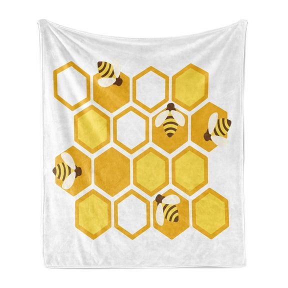 Honey Bee Soft Flannel Fleece Throw Blanket, Geometric Interpretation of a Honeycomb and Flies, Cozy Plush for Indoor and Outdoor Use, 50" x 70", Earth Yellow Mustard, by Ambesonne
