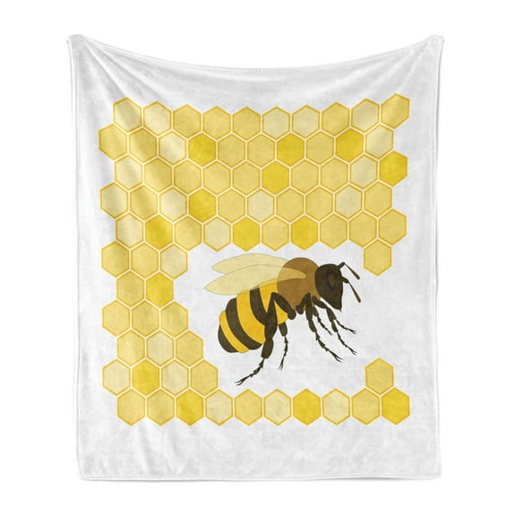 Honey Bee Soft Flannel Fleece Throw Blanket, Single Bug Silhouette with Monochrome Hexagons, Cozy Plush for Indoor and Outdoor Use, 60" x 80", Mustard Yellow, by Ambesonne