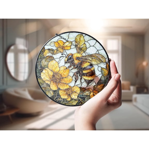 Honey Bee Suncatcher, Glass Window Decor with Flowers, 3.5 in