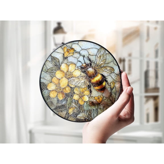 Honey Bee Suncatcher, Glass Window Decor with Flowers v2, 7.9 in