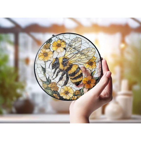 Honey Bee Suncatcher with Flowers, Glass Bee Decor Housewarming, 6.3 in