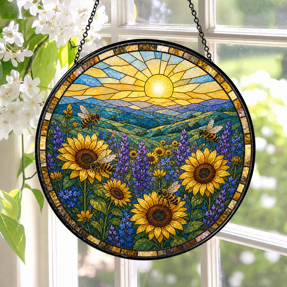 Honey Bee Sunflower Stained Glass Suncatcher Window Hanging Gift for Mom Dad