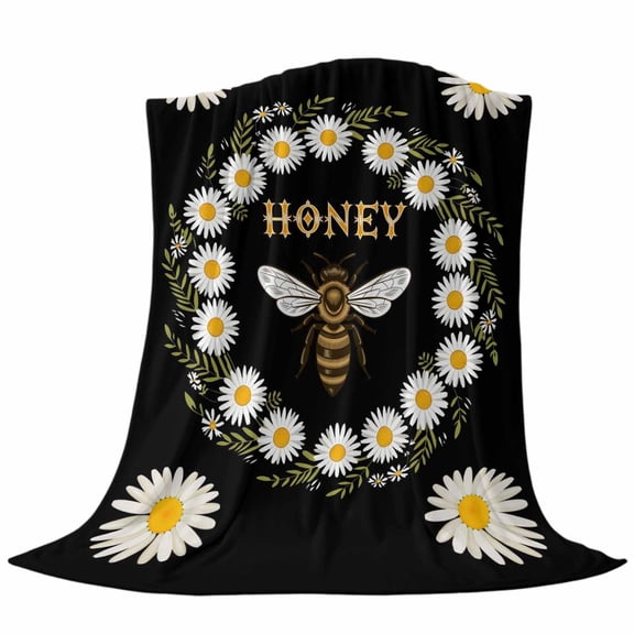 Honey Bee Throw Flannel Blanket Retro White Daisy Wreath Leaf Black Background Super Soft Cozy Bed Blanket, Lightweight Plush Fuzzy Bed Throw for Bedroom Sofa Couch Living Room 32x48In,