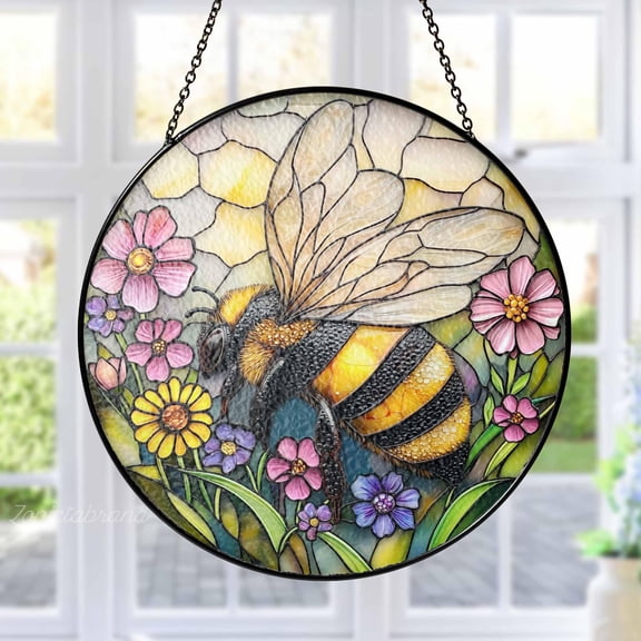 Honey Bee Wildflower Stained Glass - Artisan Art Panel, Honey Bee Floral Design, Nature Inspired, Unique Gift for Home Garden Lovers, Window Decor