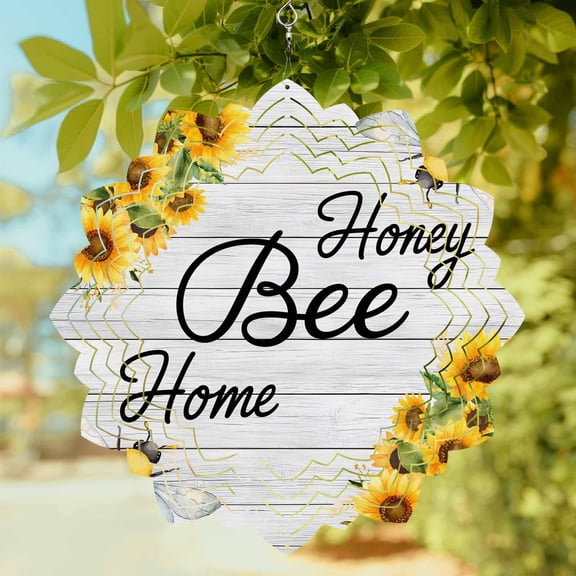 Honey Bee Wind Spinner for Garden Yard 8In, Spring Florals Farm Plants Watercolor Bee Wood Grain 3D Stainless Steel Kinetic Hanging Wind Spinners Rustproof Outdoor Decor for Lawn Patio Home