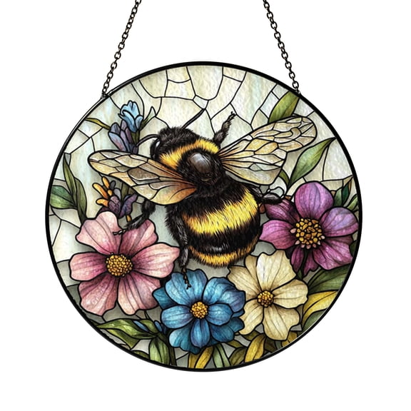 Honey Bee Window Suncatcher Stained Glass Decor, Bumble Bee Insect Art Hanging Accent, Bee Lover Home Gift
