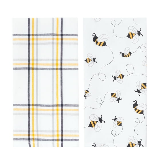 Honey Bee Yellow & Black Plaid Pattern Spring Summer Cotton Kitchen Dishtowels Set of 2