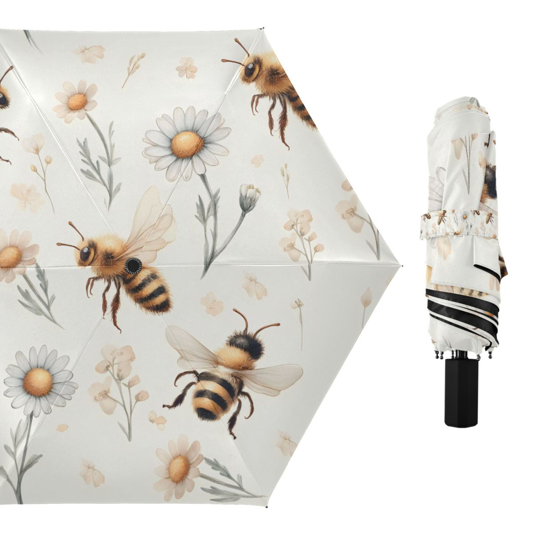 Honey Bee and Daisy Flower Compact Sun Umbrella Windproof Travel Umbrellas for Rain Strong Portable UV Protection