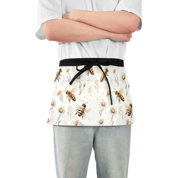Honey Bee and Daisy Flower Server Apron with 3 Pockets Waterproof Waitress Waist Short Apron for Man Woman 12 Inches