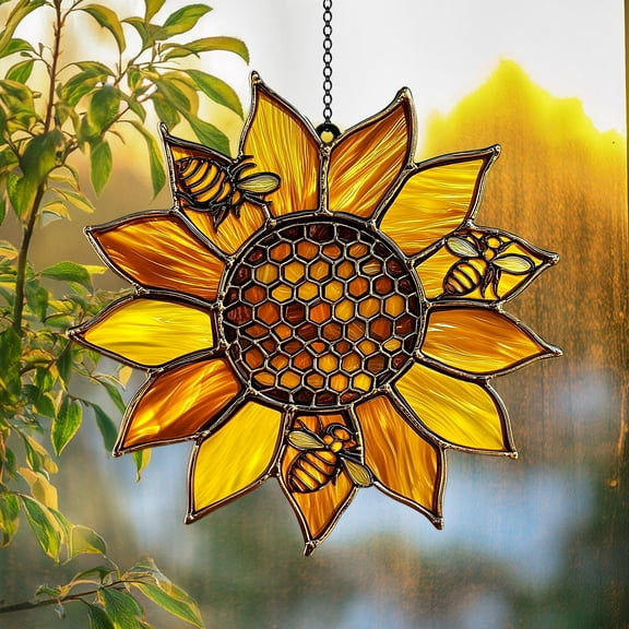 Honey Bee and Sunflower Wavy Acrylic Window Hanging, Beehive Faux Stained Glass Suncatcher, Perfect Bee Lover Gift, Kitchen Decor for Mom