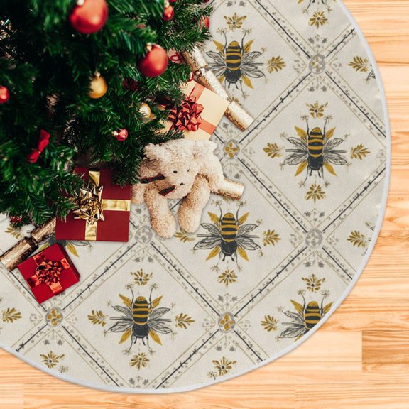Honey Bee in Squares Repeating Pattern Christmas Tree Skirt Opening Design Floor Mat Holiday Decor 35 inch