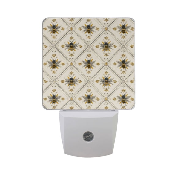 Honey Bee in Squares Repeating Pattern LED Night Light Sensor Lamp Plug-in Adjustable Brightness 2 Pack