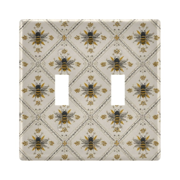 Honey Bee in Squares Repeating Pattern Light Switch Cover Electrical Outlet Cover Replaceable Wall Plates 2-Gang
