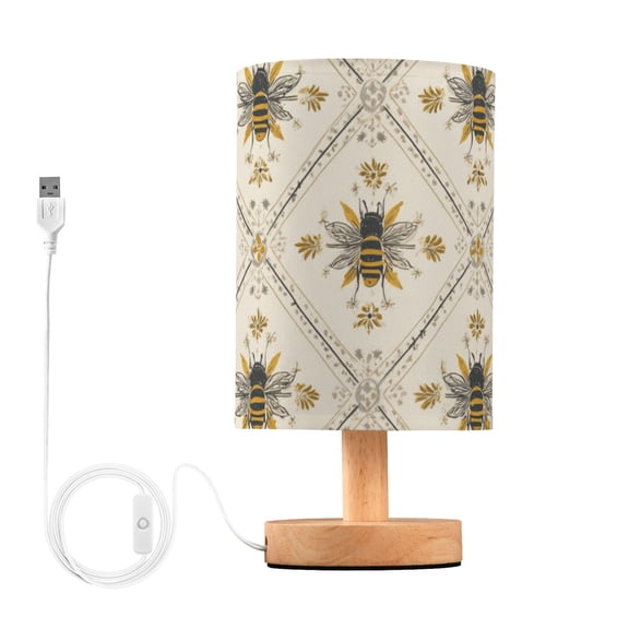 Honey Bee in Squares Repeating Pattern Table Lamp with USB Port LED Warm Light Lamp Night Light Home Decor