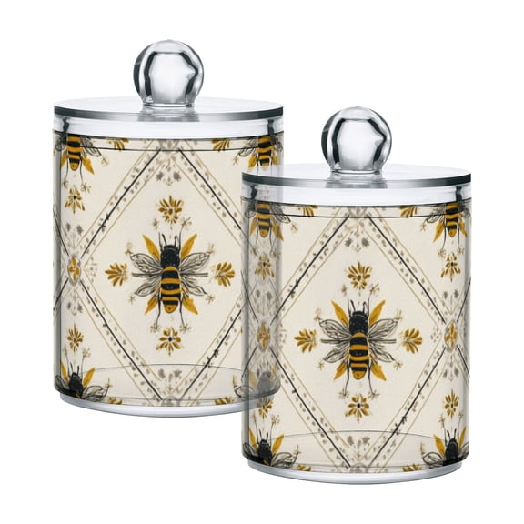 Honey Bee in Squares Repeating Pattern Translucent Plastic Cans Storage Canisters with Lid Set of 2