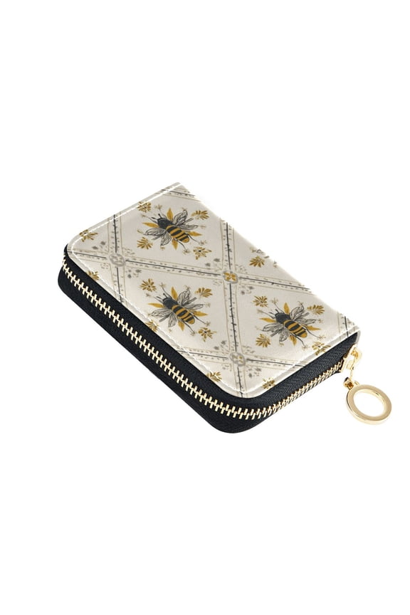 Honey Bee in Squares Repeating Pattern Women's Credit Card Holder PU Leather Zipper Wallet RFID Blocking