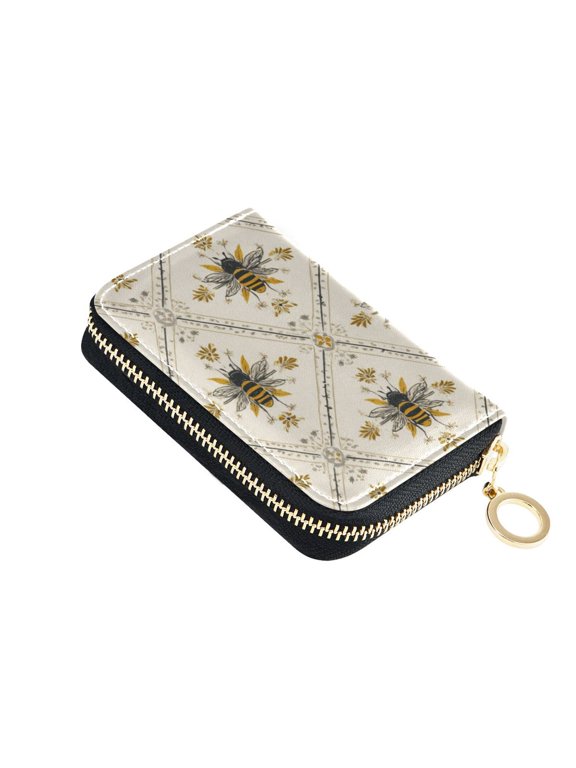 Honey Bee in Squares Repeating Pattern Women's Credit Card Holder PU Leather Zipper Wallet RFID Blocking